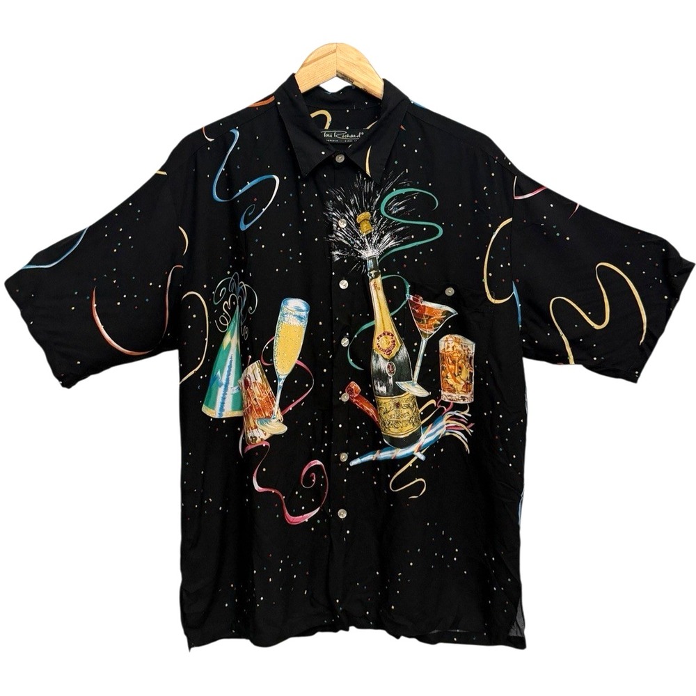 VTG. Tori Richard Shirt Mens Black Champagne New‎ Years Eve Party 1993 Aloha  XL